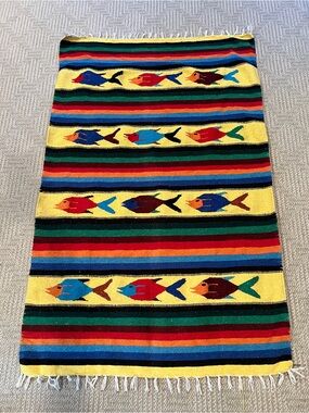 Vintage Mexican Falsa Blanket Fish Print Artisan Handwoven Tapestry 72”x44”